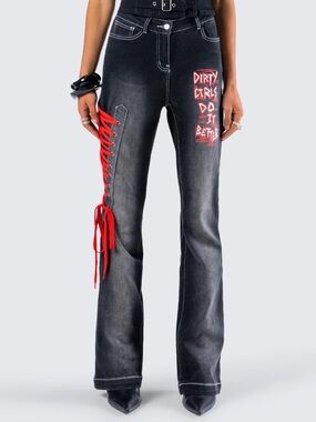 Finesse Salem Black Low Rise Flare Jeans Lace Up Dirty Girls Do It Better Small